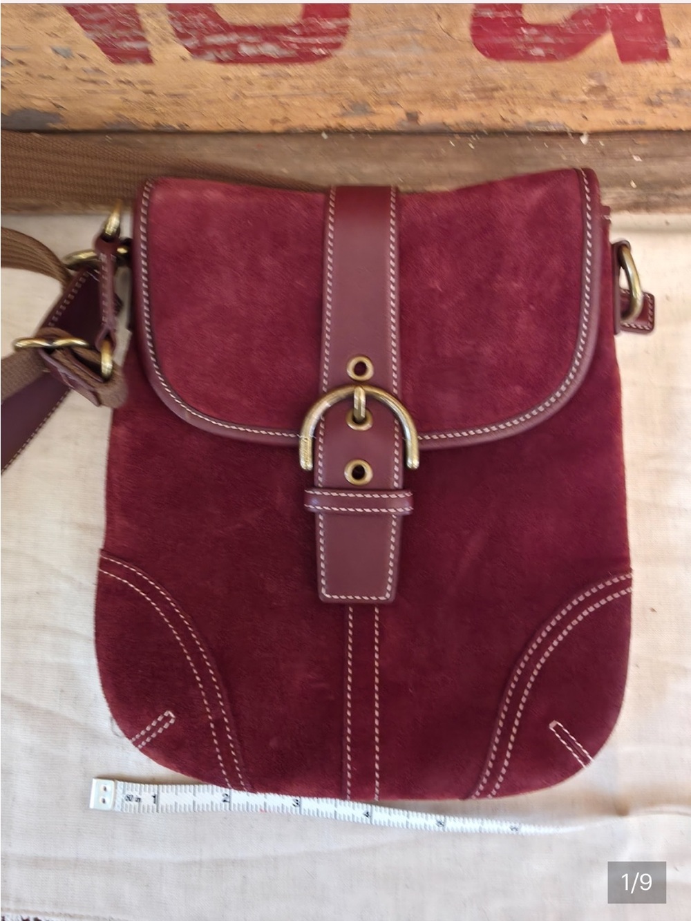 Coach Burgundy Suede Crossbody with Leather Trim and Gold Buckle